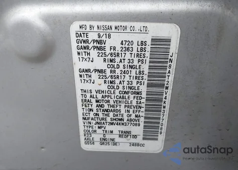 2019 Nissan Rogue Sv z USA, uszkodzony, nr VIN JN8AT2MV4KW377089